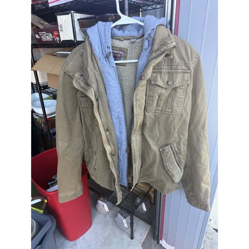 Levis Sherpa Lined Hooded Canvas Jacket Mens Medium Brown Utility‎ Coat